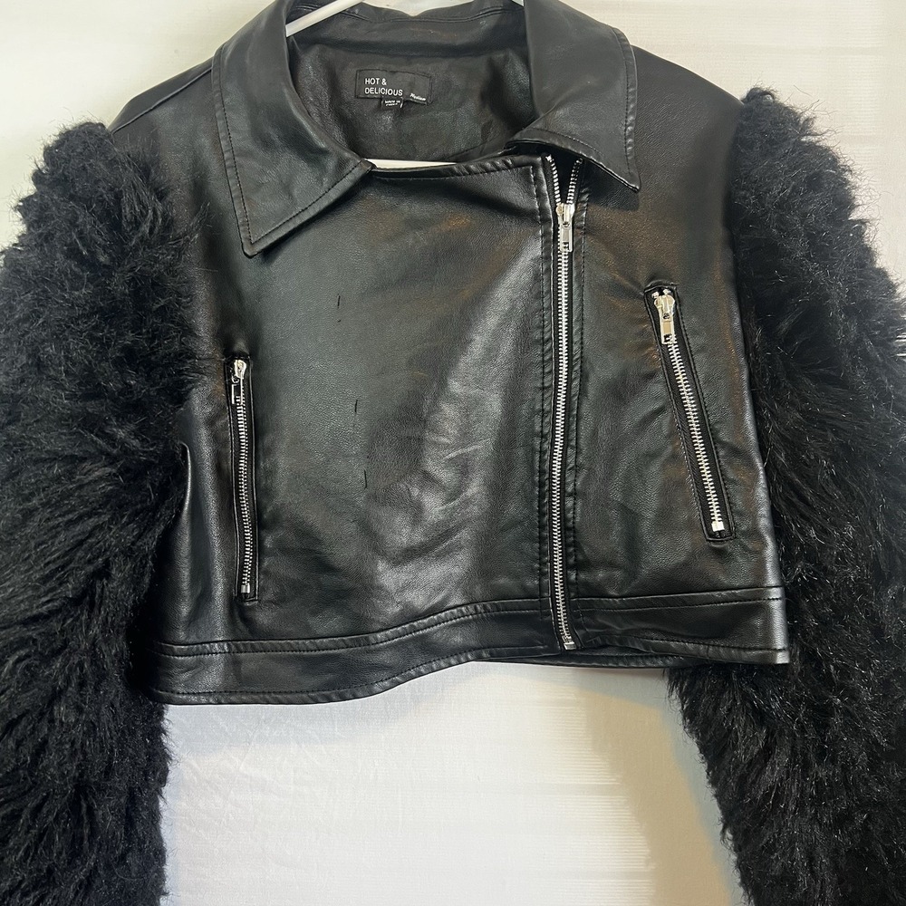 Hot & Delicious Black Faux Leather Biker Moto Jacket Collared Full Zip M - Picture 3 of 5